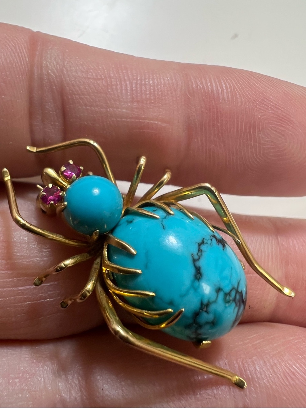 14k gold and Turquoise Spider Brooch Pin with Pink Gem Eyes